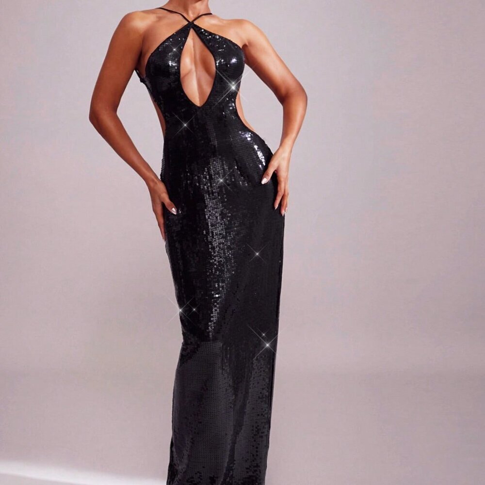 Black Party Women's Sequin Hollow Out Open Back Maxi Dress With Back Slit